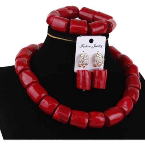 URORU Jewellery Set African Real Coral Beads Jewelry Sets Red or Orange 3 Pics Nigerian Beads Necklaces Earring Set Free Ship