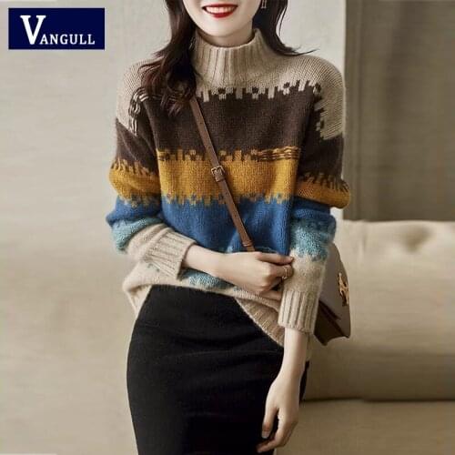 Vangull Fashion Patchwork Striped Sweater Women Autumn New Knitted Turtleneck Loose Pullover Sweater Long Sleeve Female Jumpers