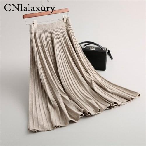 Vintage Fashion Pleated Skirt Women Elegant Knitted Skirt New Winter Office Lady High Waist A-Line Long Skirts Saia mujer faldas