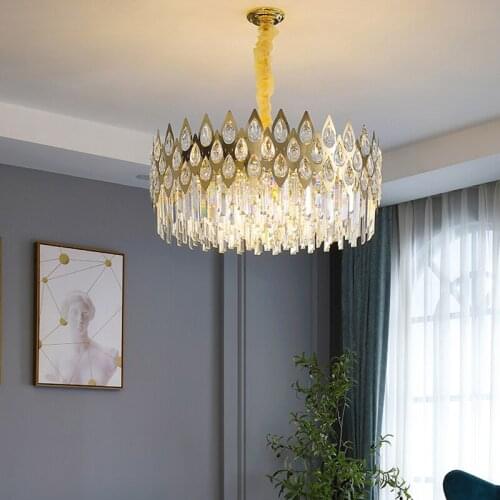 Iron Tube Gold Crystal Chandeliers Ceiling Lighting Modern Luxury Large Pendant Lamp Home Living Room Chandelier Hanging Fixture