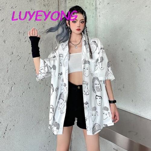 Harajuku Lady Cartoon Face Character Print Single Breasted Shirts Kawaii Girl Loose Black White Shirt Summer Street Casual Top