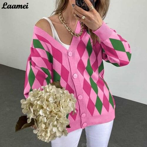 Ladies Cardigans Long Sleeve Knitted Argyle Print Sweater Women Korean Fashion Loose Sweaters Female Autumn Cardigan With Button