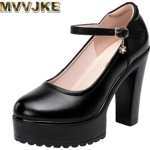 MVVJKESuper high heel 12cm runway shoes women heel thick soles waterproof platform non-slip round head leather plus-size single