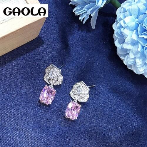 GAOLA 2017 Hot Flower Pink Cubic Zirconia Stud Earrings crystal earring for women Girls jewelry GLE5179AY