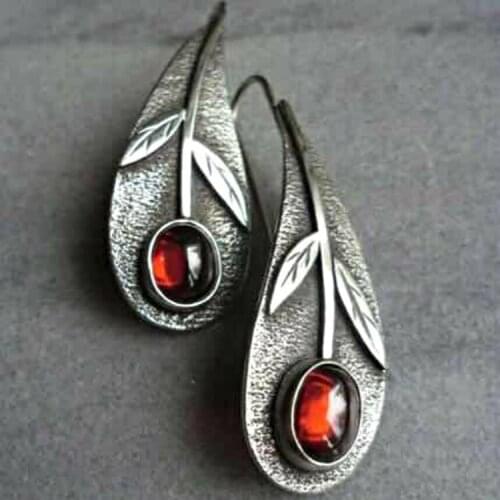 Rongyu wish Best Selling Retro Leaves Ruby Earrings ebay AliExpress European and American Fashion Earrings Wholesale