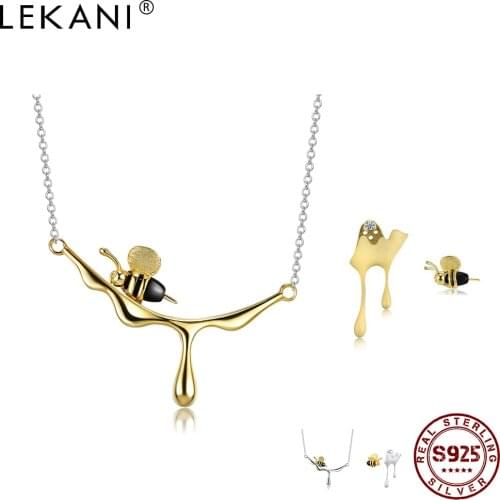LEKANI Cute Bee 925 Sterling Silver Stud Earrings And Pendant Necklaces Set For Women Cubic Zirconia Agate Stone Fine Jewelry