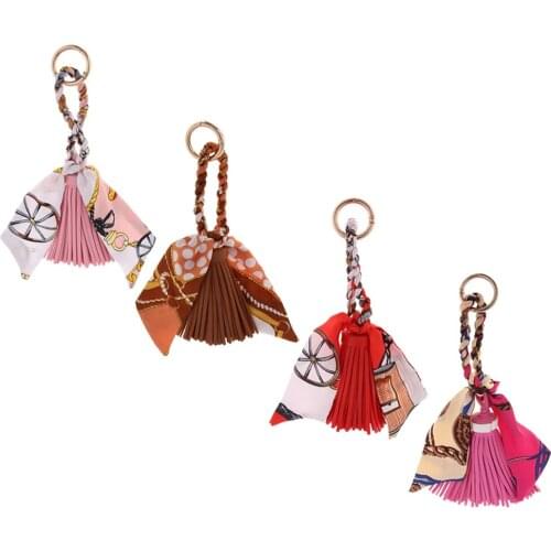 Women Leather Tassel Keychain Key Chain Tassel Design Silk Scarf Leather Key for Keychain Crafts