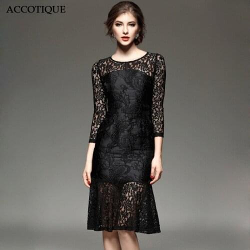 2017 New Womens Spring Hollow Out Lace Knee Length Dress Female Fashion Jacquard Black Slim Sexy O-Neck Dresses