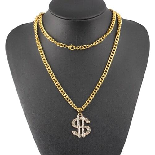 1PC Crystal Dollar Sign Pendant Necklace Gangster Pimp Hip Hop Chain