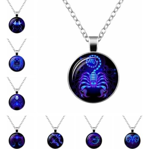 Alloy Vintage 12 Constellation Round Time Gem Pendant Necklace Aries Taurus Aquarius Horoscope zodiac Gift For Friends 5PCS