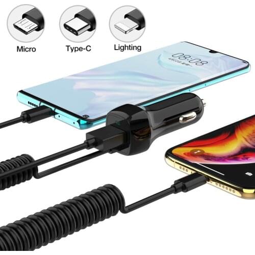 Car Charger With USB Cable Mobile Phone Charger For iphone Samsung Xiaomi Huawei Micro USB Type C Cable Fast Car Phone Charger