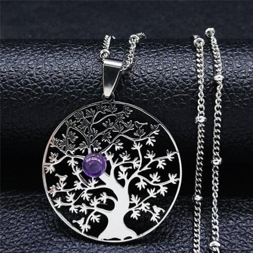 Stainless Steel Purple Crystal Tree of Life Chain Necklaces Men/Women Silver Color Necklaces Jewelry acier inoxydable N3097S04