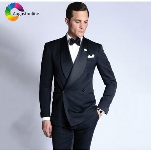 Double Breasted Black Mens Wedding Suits Slim Fit Groomsmen Suit Pants Best Man Blazers Jacket 2Piece Custom Made Groom Tuxedos