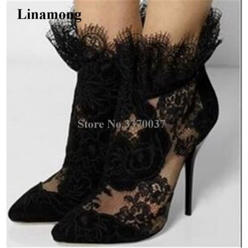Elegant Black Embroidered Women Booties Lace Flowers Super Thin High Heel Shoes Ankle High Zipper Feminine Cut-out Short Boots