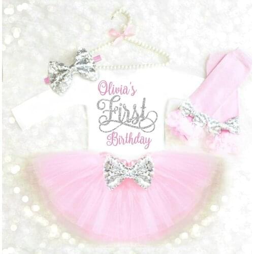 Personalize First Birthday Outfit Girl 1st Birthday Outfit，My 1st Birthday Girl Outfit Pink and Silver Summer Onesies Tutu Set
