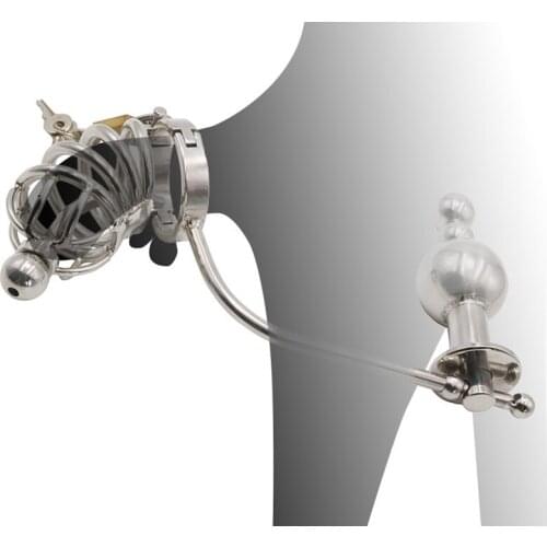 Stainless Steel Cock Cage Penis Ring With Anal Butt Plug Anal Beads Plug Male Chastity Device Penis Cage Penis BDSM Sex Toys