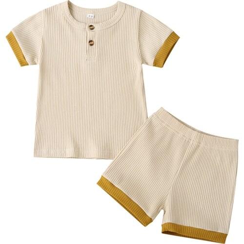2Pieces Summer Baby Boys Girls Clothing Set Unisex Cotton Ribbed Short Sleeve Pullover+Shorts for Toddler Infant Kids