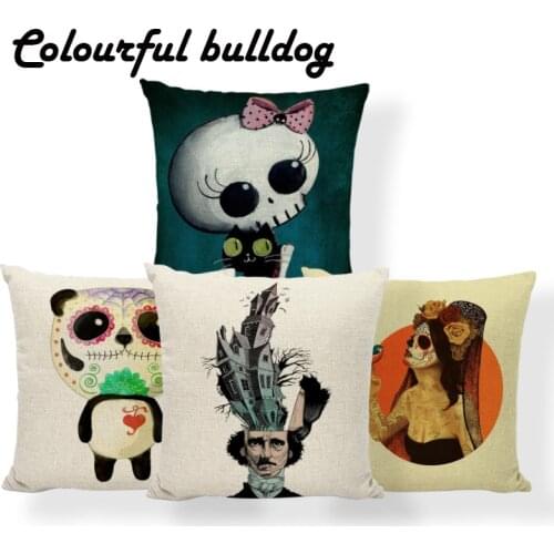 Sugar Skull Horror Halloween Cushions Octopus Mermaid Black Cat Pillow Flower Home Decorating Throw Cushion Covers Square Burlap