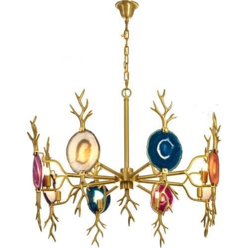 Natural agate colorful chandelier gold brass copper chandelier light red green pink blue green purple chandelier foyer kitchen
