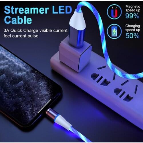 3A Magnetic Cable Micro USB Type C Flowing Light LED Charge Cord For iPhone 12 11 Samsung Mobile Phone Fast Charging Data Cable