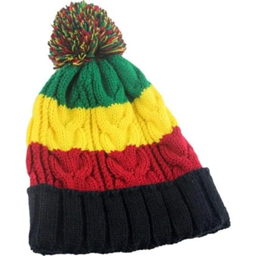 Cute Unisex Mixed Color Stripe Patterned Designer Warm Knitted Hat Beanie Winter Stretchable Colorful Unisex Knitted Hat