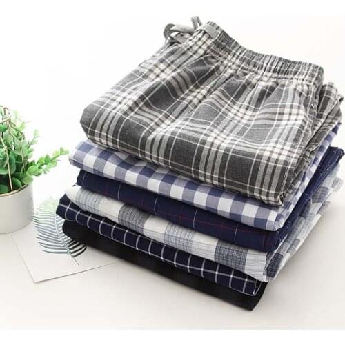 Autumn Plaid Mens Pants Full Length Cotton Trousers Belt Soft Casual Male Home Wear