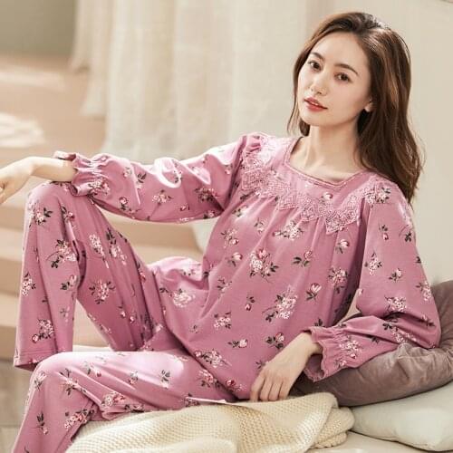 Full Pure Cotton Sleep Lounge Pajama Long Sleeve Top + Long Pant Woman Pajama Set Floral Pyjamas Plus Size Sleepwear For Women
