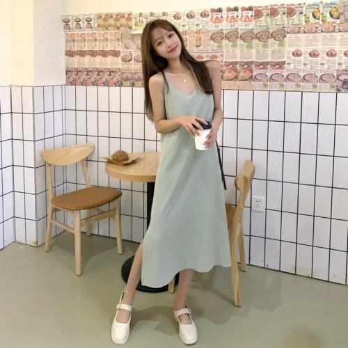 Spring Summer Fashion Woman Tank Sleeveless Dress Casual V Neck Dress Hepburn Solid Straight Strap Soft Smooth Dresses Casual