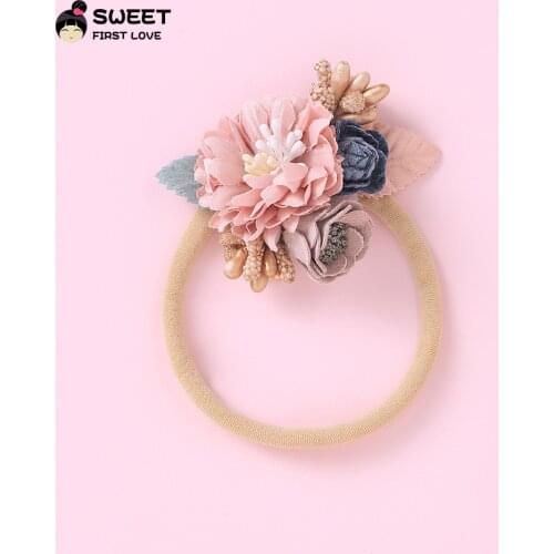 Girls Vintage Floral Headbands Flower Nylon Hairband with Pearl Elastic Hearband for Newborn Kids Hair Accessories Headwear