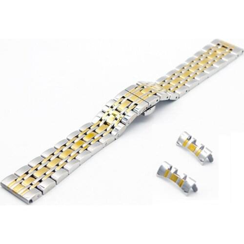 Premium Watch Band Solid Polished Stainless Steel Double Push Button Butterfly Clasp Watch Strap 14mm,18mm, 20mm, 22mm WB154