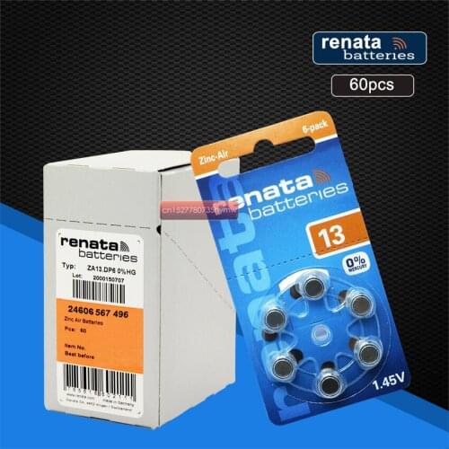 Renata 60pcs/10pack Maratone Plus Size A13 13A ZA13 13 PR48 Zinc Air 1.45V Hearing aid battery