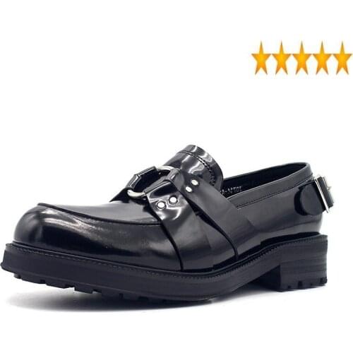 Elegant Mens Genuine Leather British Dress Buckle Designer Block Med Heels Round Toe Slip On Loafers Platform Formal Shoes