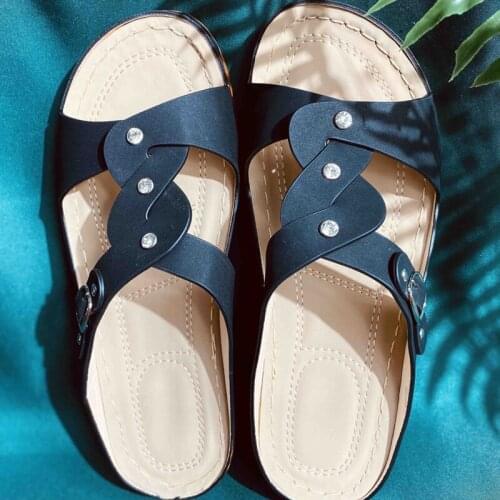 Womens Cross Braided Thick Bottom Vintage Slipper Anti-Slip Open Toe Wedge Heel Breathable Rhinestones Slippers