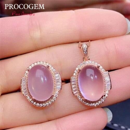 Natural Trendy Rose Quartz Crystal Jewelry sets for Women Girls Party Necklace Ring 6Ct Big gems Fine Jewelry S925 Silver #602