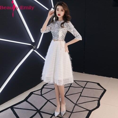 Beauty Emily 2020 Sequined O Neck Evening Dress with Feathers Charming Three Quarter Tulle Zipper Back A Line Long Dress Vestido