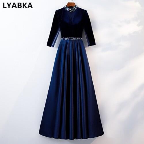 High Neck A-line Evening Dress High Quality Evening Dresses Long Sleeve Vestido De Festa Robe De Soiree Blue Evening Dress 2019