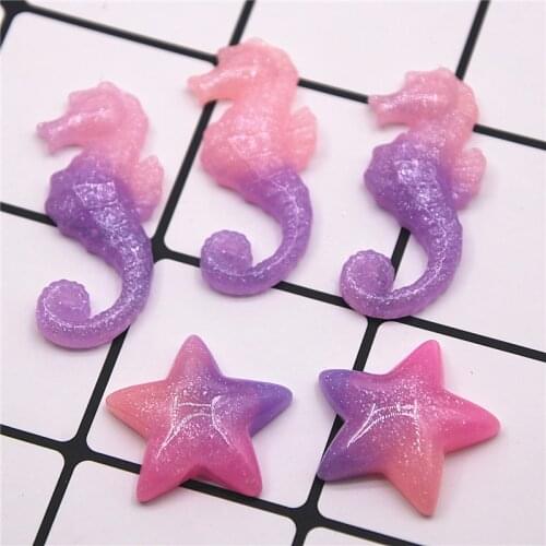 10PCS Glitter Purple Seahorse/Star Flat Back Cabochon Miniature Craft Art Supply Decoration Charm