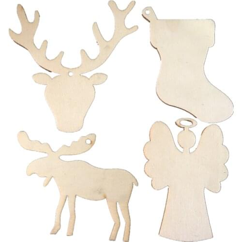10 Pcs Christmas Decoration Elk Tree Socks Angel Cow Pendant With Rope Unfinished Wood Chip