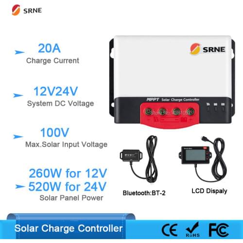 12V 24V auto 20A MPPT Solar Charge Controller for lithium batteries solar PV regulator Charger with BT-2 RM-6 LCD