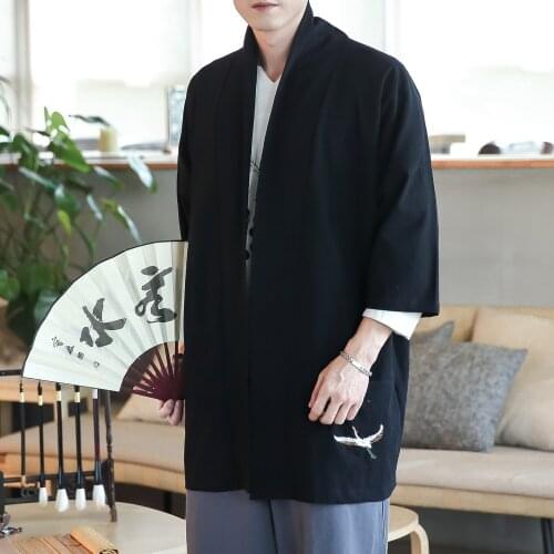 #4318 Spring Embroidery Crane Long Linen Coat Men Plus Size Open Stitch Windbreaker Vintage Streetwear Hip Hop Kimono Coat Male