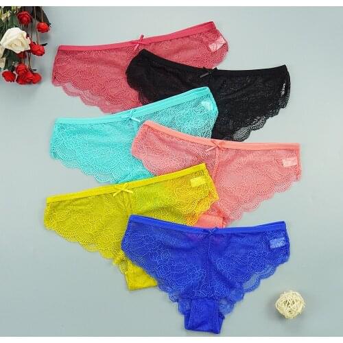 6pcs/lots Lace Thongs Panties Sexy Women Underpants Hollow Tangas Transparent Erotic Lingerie Underwear Intimate Bow Panty