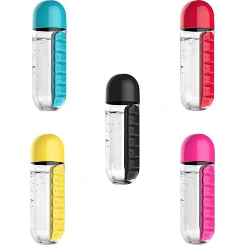 600ml Creative Water Glass Portable Pill Box Two in 0ne Outdoor Travel Water Bottle Medicine Cup Plastic Bottles