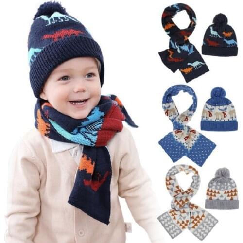 Children kids Winter Hat and scarf Set Boys girls Pompom Hat with Liner Cap Scarf Set Knitting Beanie Baby Girls Boys Cap H236S