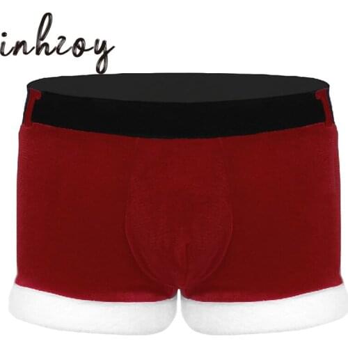 Men Red Velvet Christmas Underwear Santa Cosplay Fancy Costume Panties Holiday Party Festival Rave Boxer Shorts Sexy Underpants
