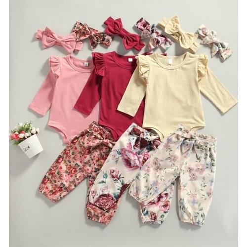 FOCUSNORM 0-3Y Cute Newborn Baby Girl Clothes Sets Long Sleeve Bodysuit Tops Floral Pant Headband 3pcs Outfits