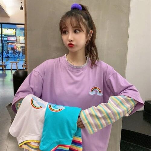 Cute Long Sleeve Patchwork Tshirt Streetwear Oversized T Shirt Harajuku Japan Striped Tops Funny Casual Gothic Tshirt Female
