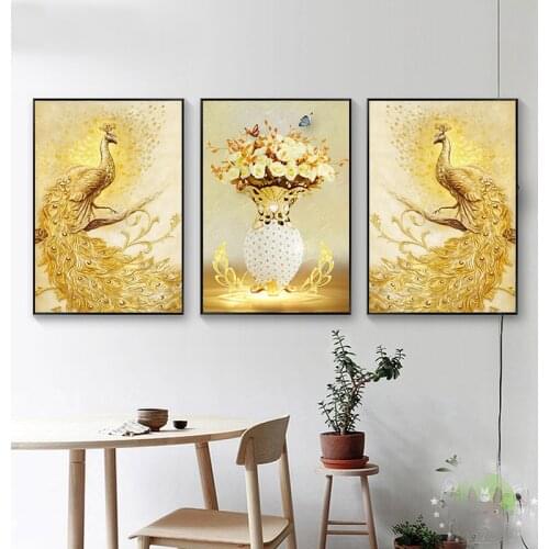 Nordic Creative Golden Peacock Canvas Painting Wall Art Print Poster Ornament Wall Pictures Living Room Foyer Hallway Home Decor
