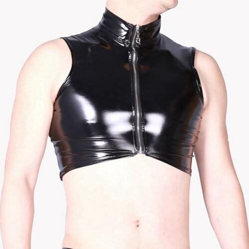 LinvMe Men New Cool Locomotive High Collar Fashion Solid Colorful Sexy Zipper Sleeveless Garment Short Vest Shiny Slim 2019