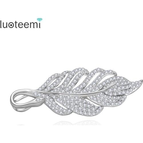 LUOTEEMI Wholesale Jewelry Supplier New Luxury Fashion Brooches Leaves Korea Style Tree Leaf CZ Wedding Bridal White Gold-Color