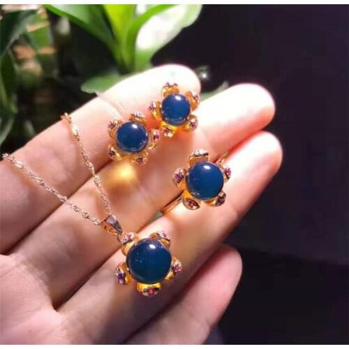 925 sterling silver Mexican Blue Amber Earring necklace and pendant Per Set luxury jewelry High Quality